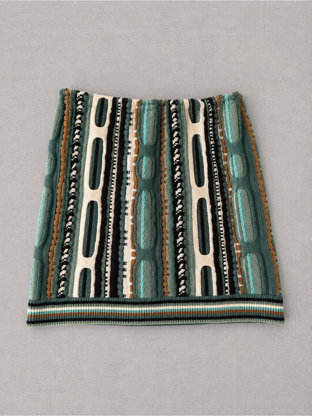 Vintage O'Neill Striped Textured Knit Mini Skirt in Teal, Cream and Brown